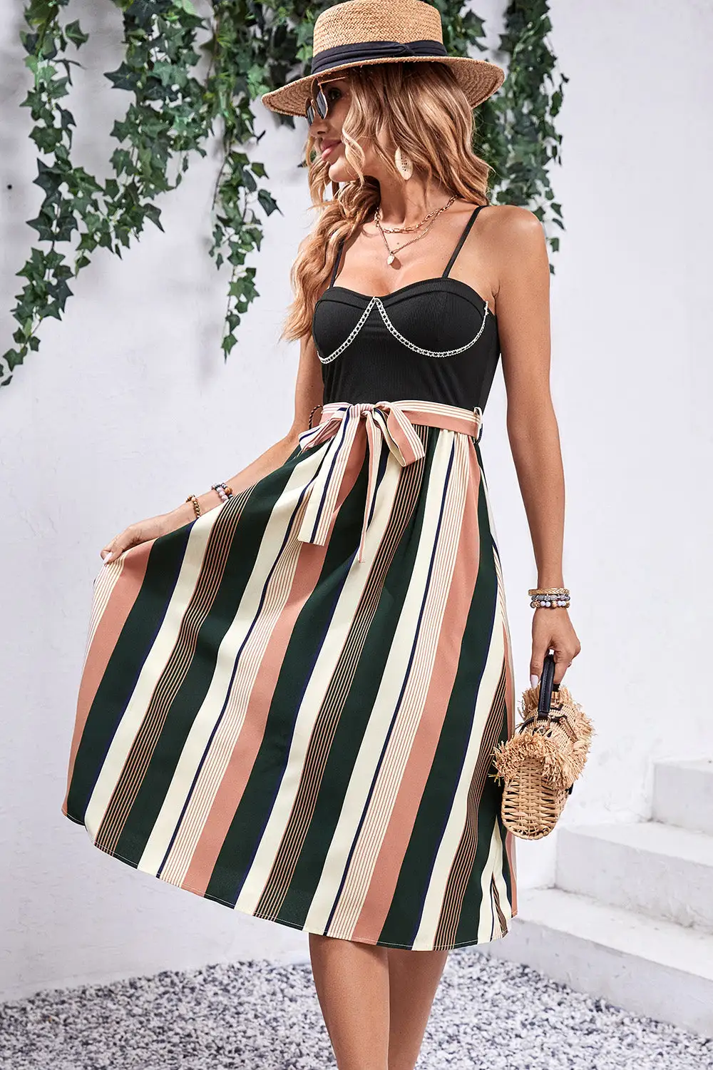 Spaghetti-Strap Striped Casual Dress