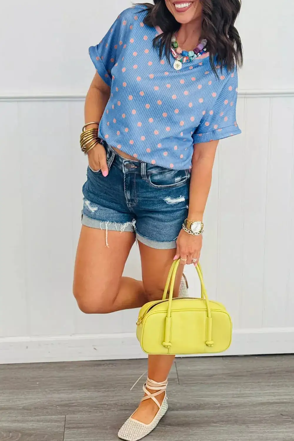Casual Polka Dot Print Ribbed Knit T