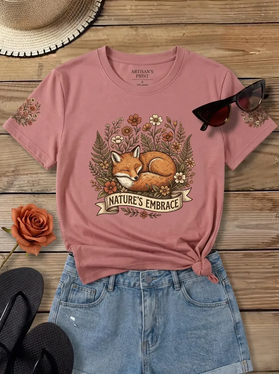 Nature Lover Sleeping Fox Floral T-Shirt