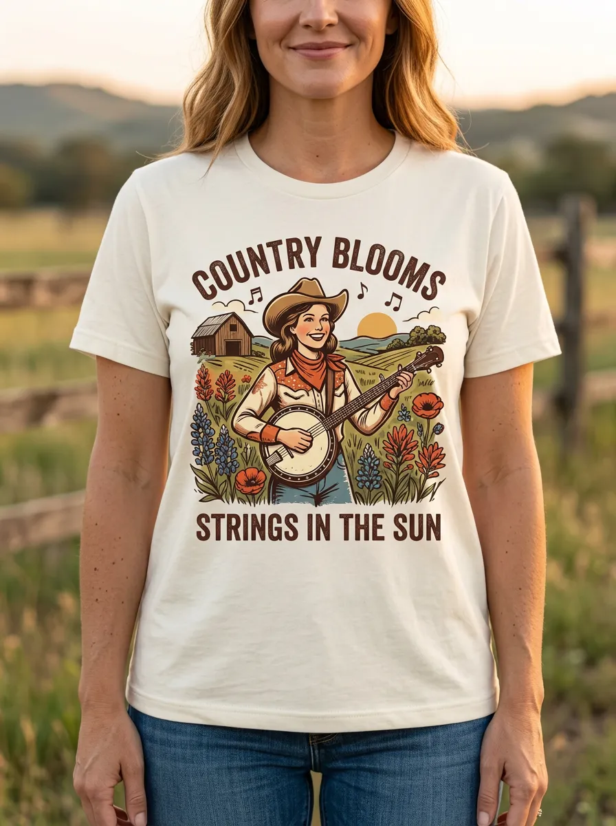 Nashville-Inspired Banjo Floral Country Music Crewneck T-Shirt