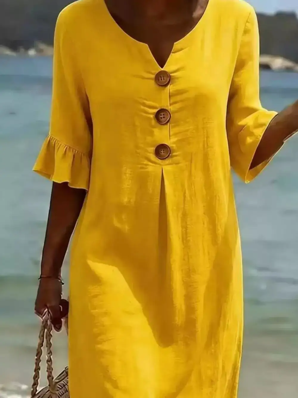 Button Decor Ruffle Sleeve Midi Dress