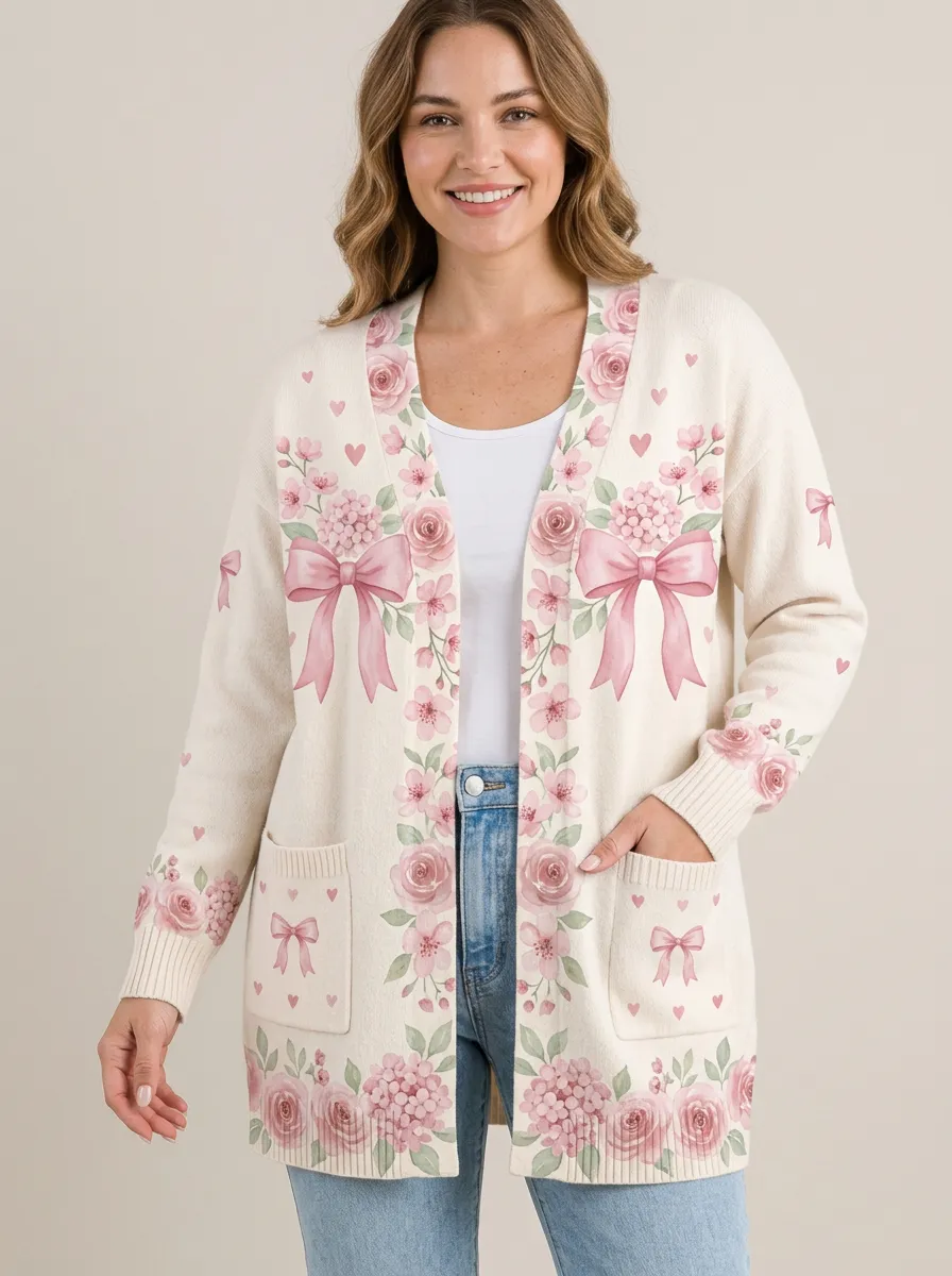 Women's Breast Cancer Awareness Pink Ribbon Floral Bow Printed Cardigan