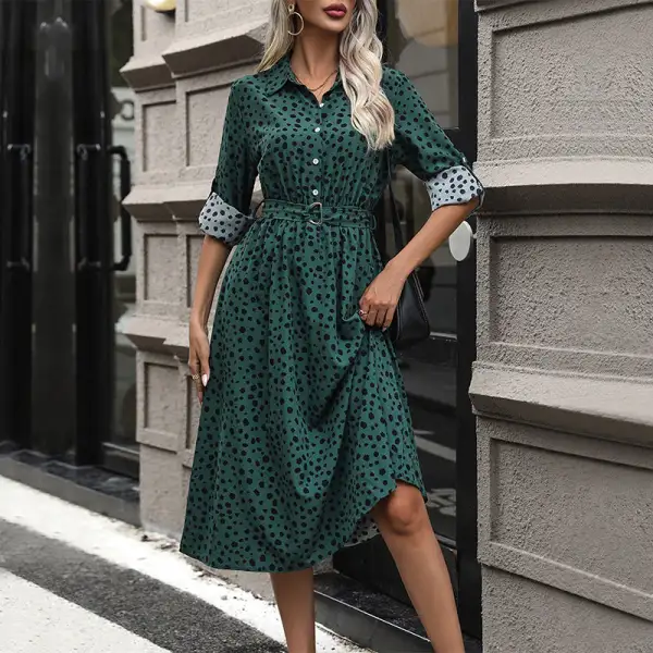 Women's Shirt Long-Sleeve Polka-Dot Belted Dress