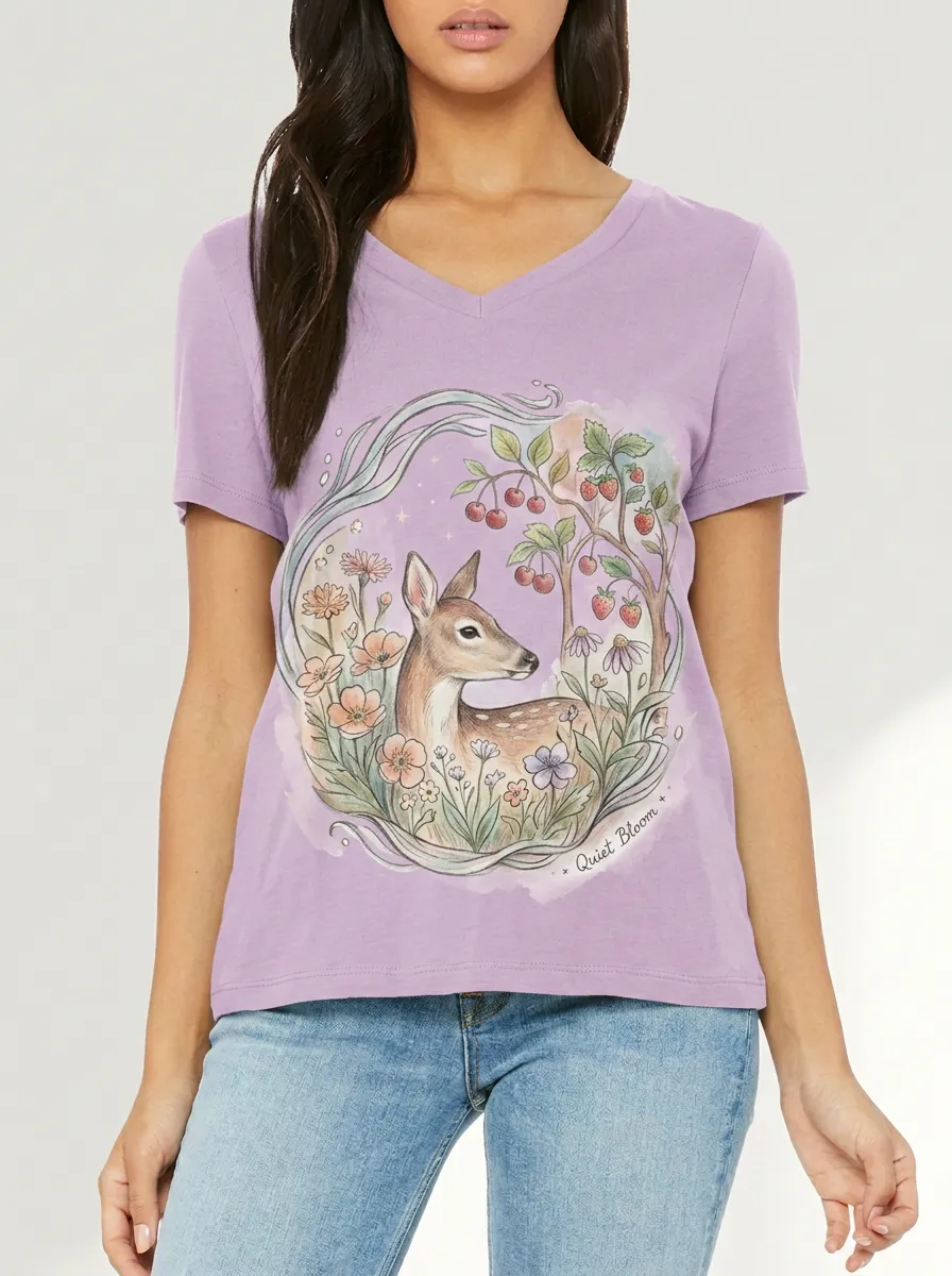 Women's Nature Lover Deer Strawberry Floral Printed V-neck T-shirt