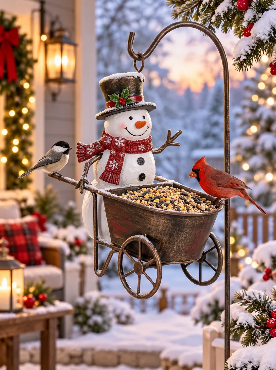 Classic Snowman Wheelbarrow Christmas Bird Feeder