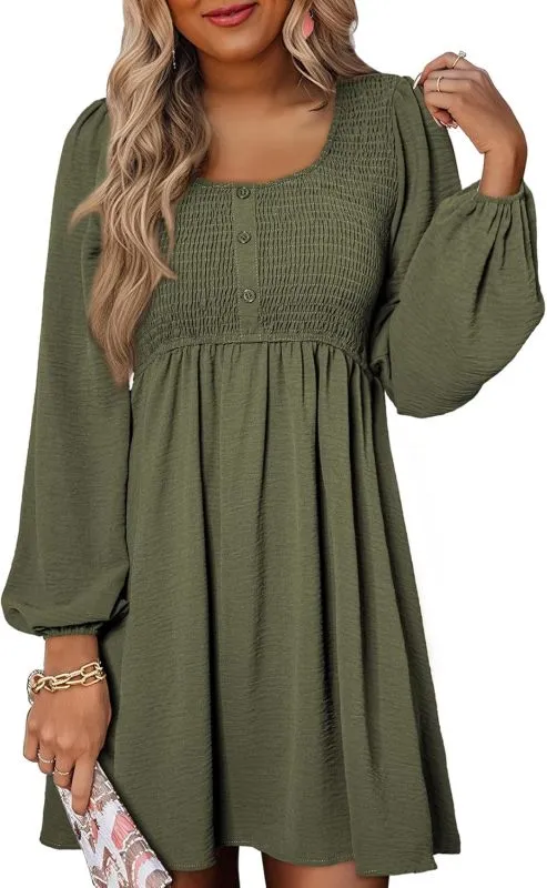 Crew Neck Button Front Long Sleeve Mini Dress