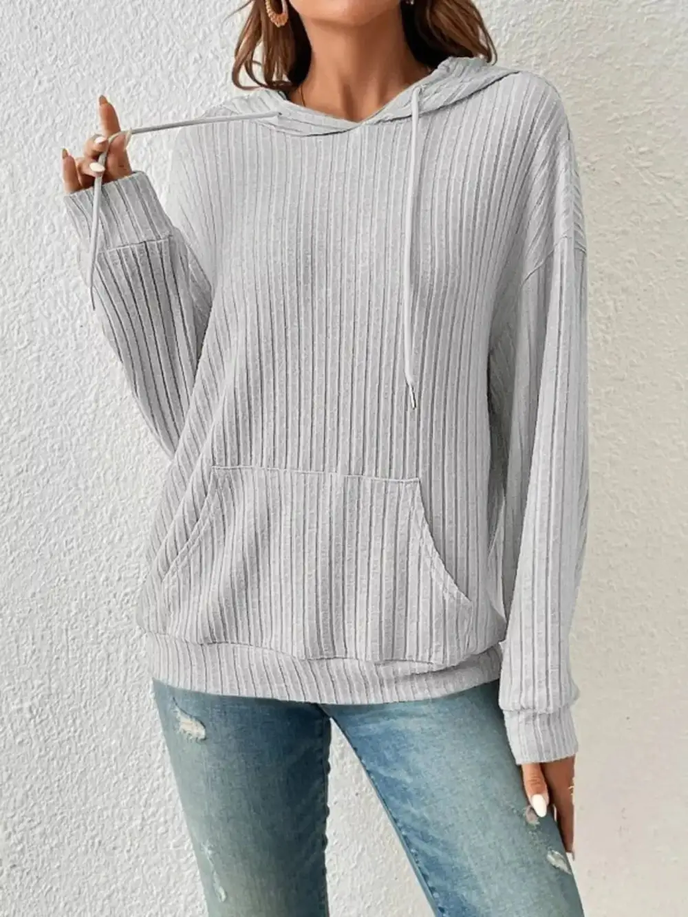 Relaxed Drawstring Pocketed Long-Sleeve Ribbed Hoodie