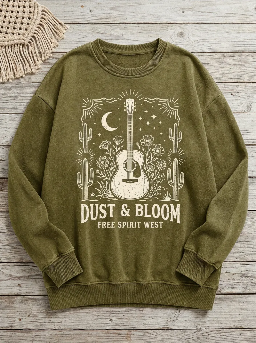 Women's Western Guitar Cactus Floral Printed Sweatshirt