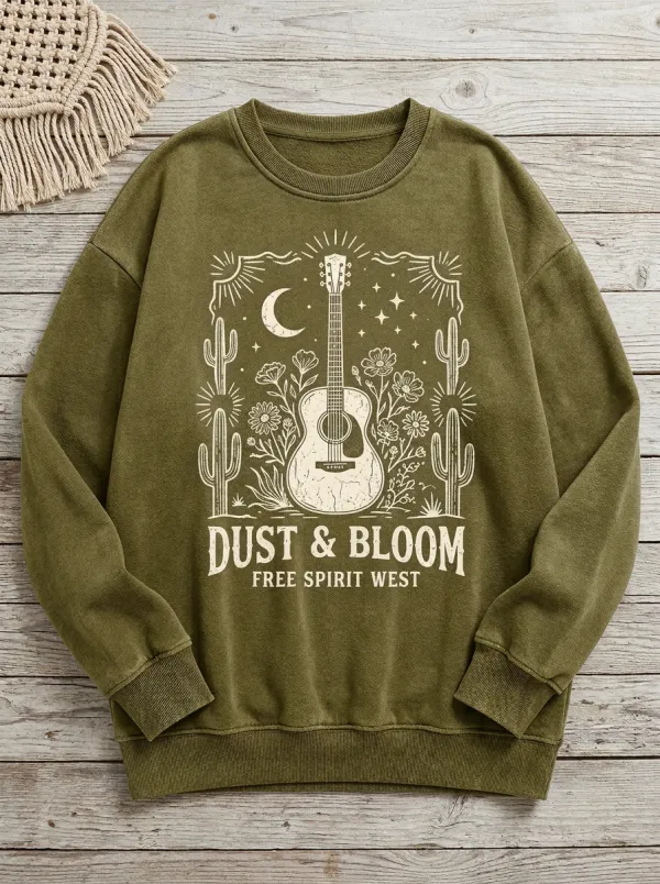 Women's Western Guitar Cactus Floral Printed Sweatshirt