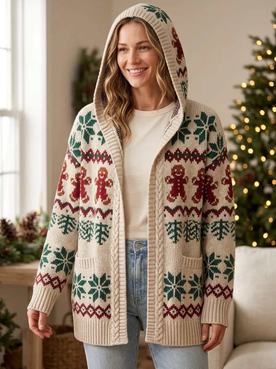 Christmas Gingerbread Man Snowflake Pattern Print Hooded Cardigan
