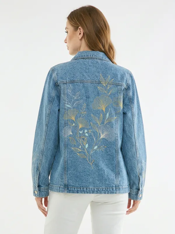 Women's Botanical Nature Lover Ginkgo Leaf Printed Denim Jacket