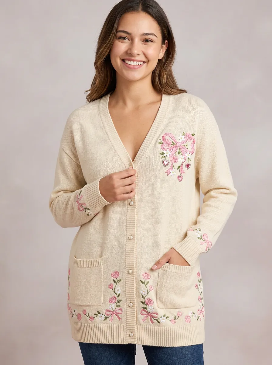 Women's Breast Cancer Awareness Pink Ribbon Floral Embroidered Cardigan