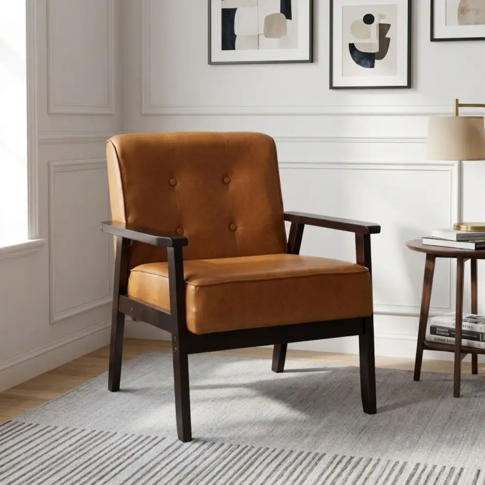 Wood Leg Padded PU Upholstery Armchair