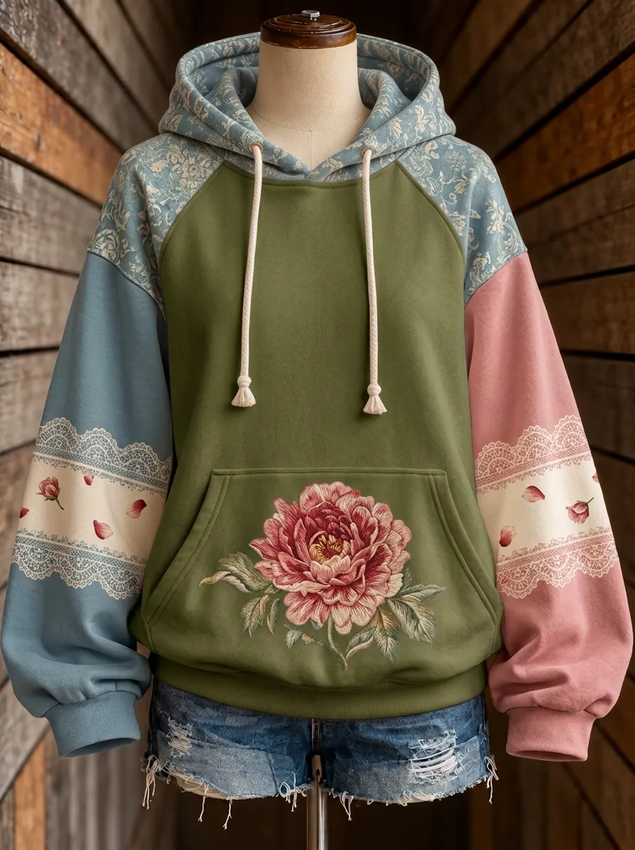 Women's Western Floral Peony Lace Patchwork Printed Hoodie