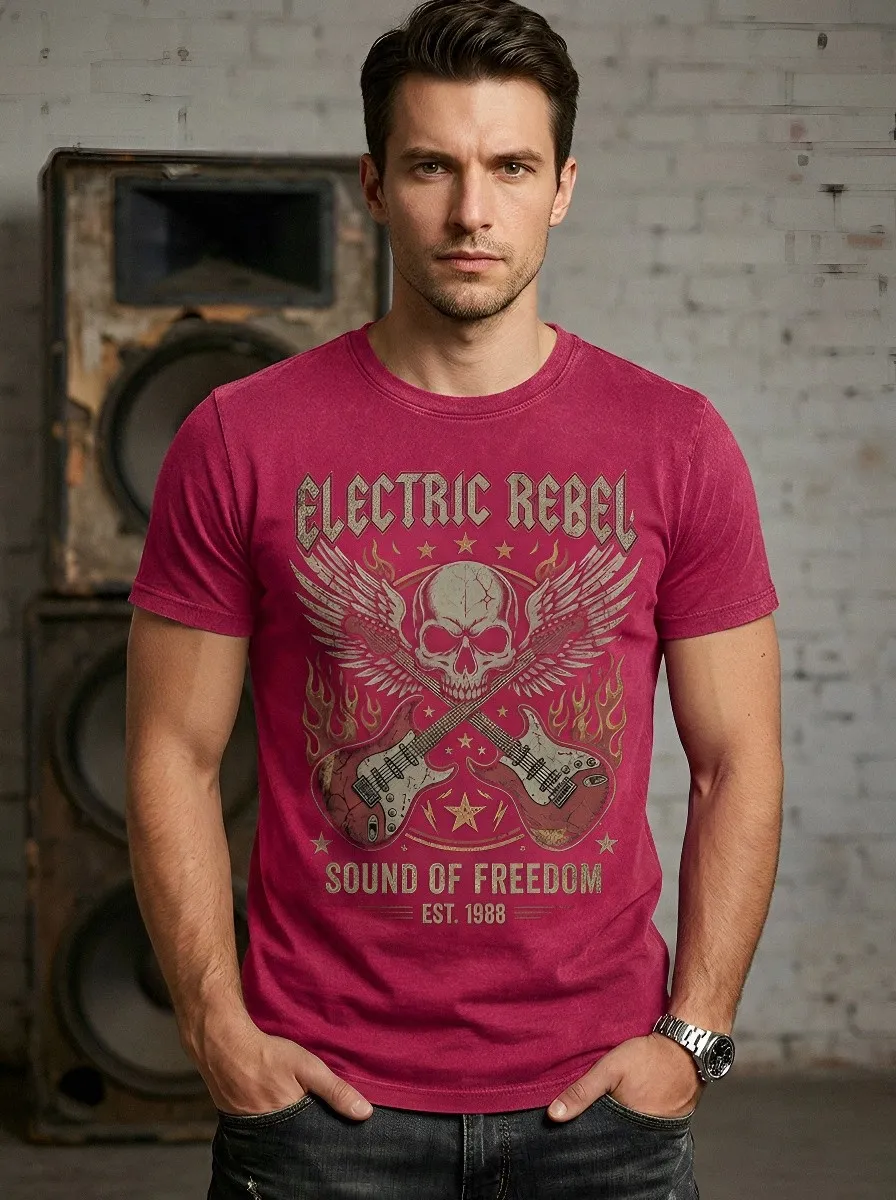 Men's Rock Music Lover Skull Guitar Wings Printed T-shirt