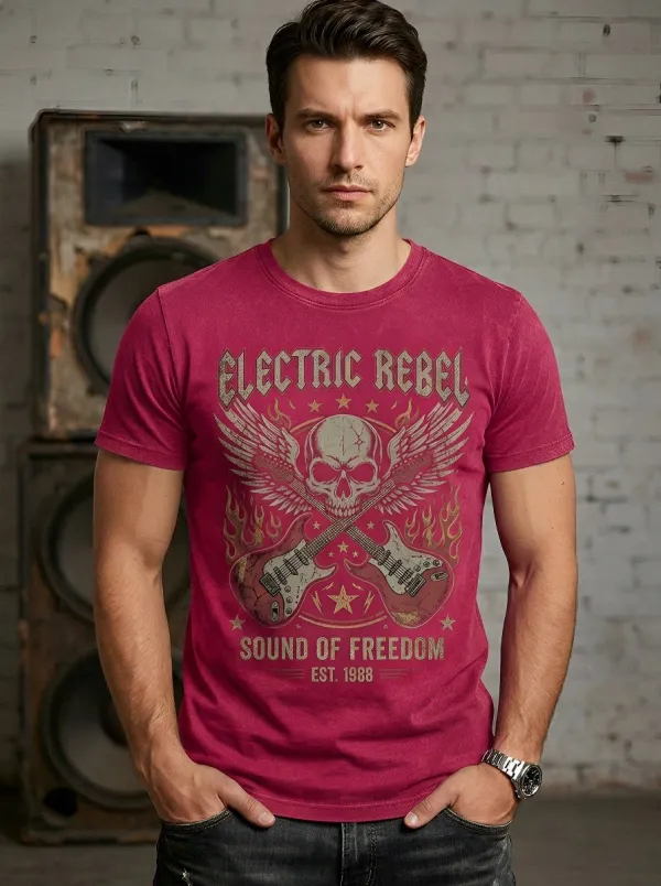 Men's Rock Music Lover Skull Guitar Wings Printed T-shirt