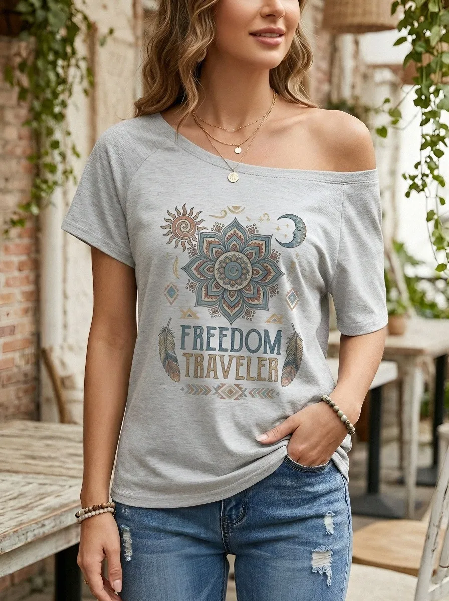 Women's Bohemian Traveler Mandala Sun Moon Printed T-shirt