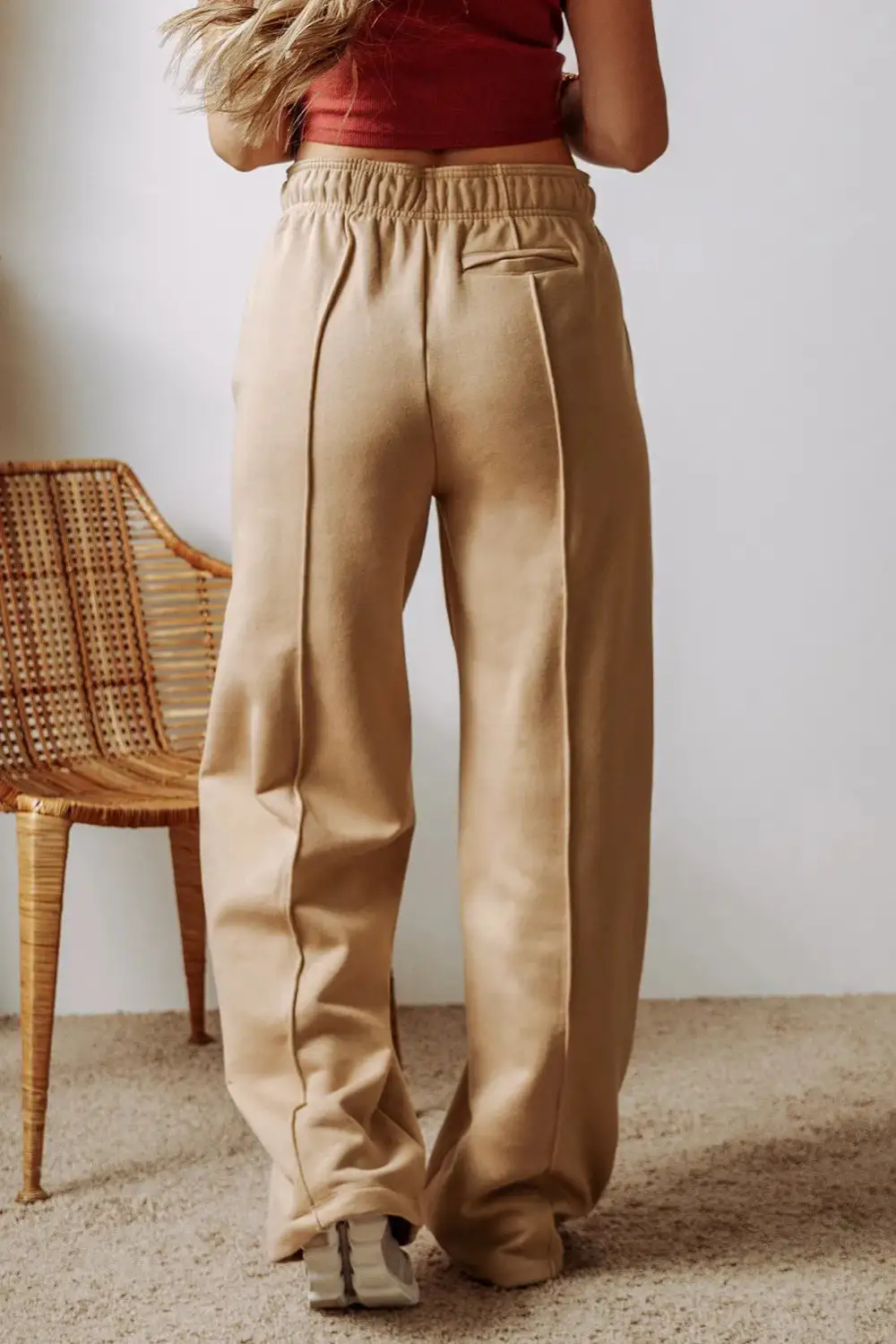 Textured Drawstring Wide Leg Pants With Pocket