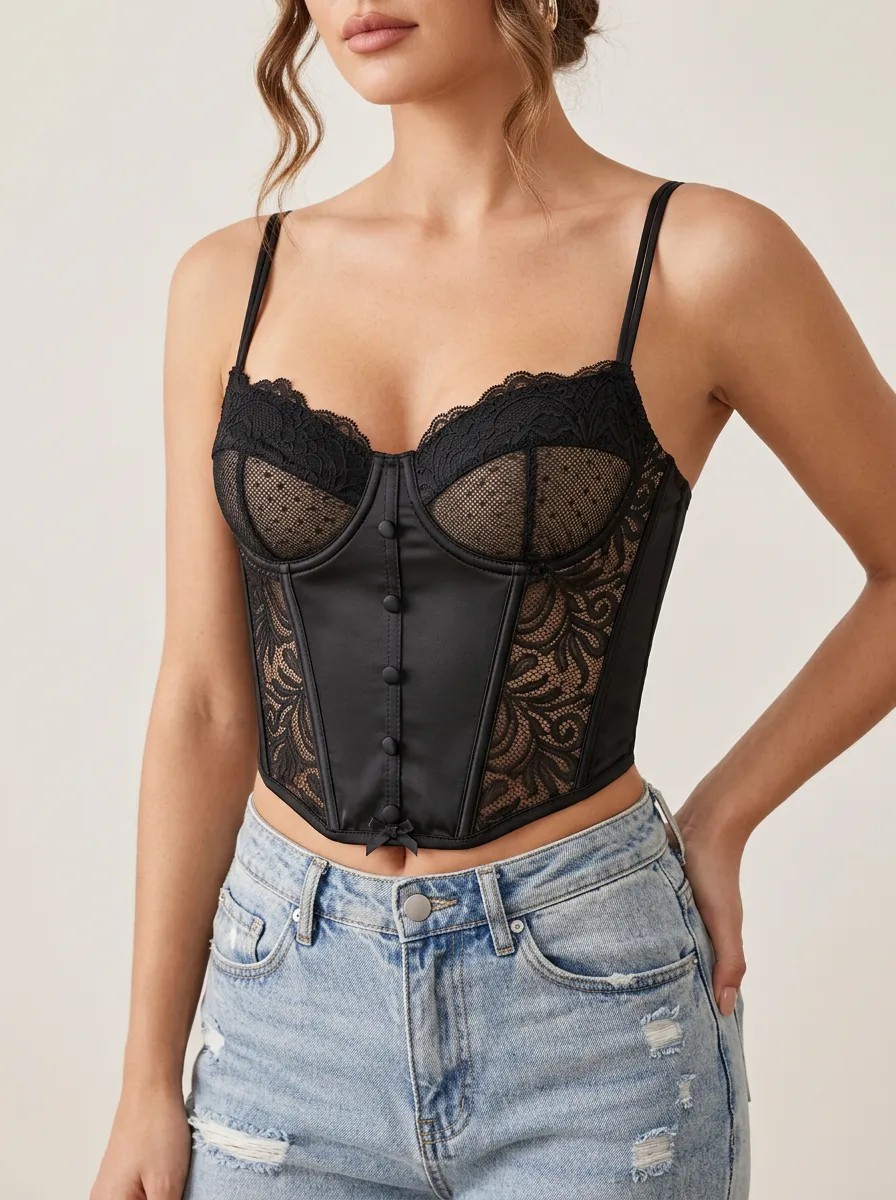 Floral-Lace Lace-Trim Satin-Look Women's Corset Top