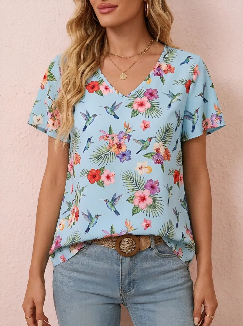 Hummingbird Hibiscus Tropical Women's Loose Printed Blouse