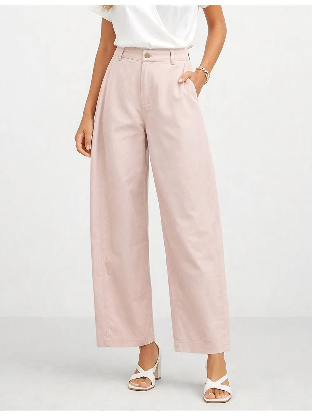 Solid Color Button Front Barrel Leg Denim Pants