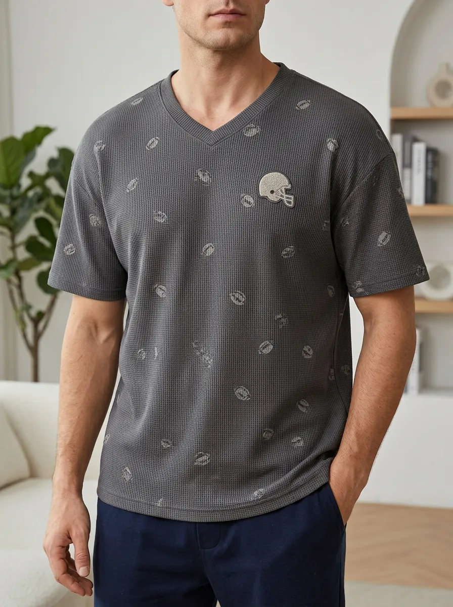 Men's Football Fan Helmet Pattern Printed Waffle V-Neck T-Shirt