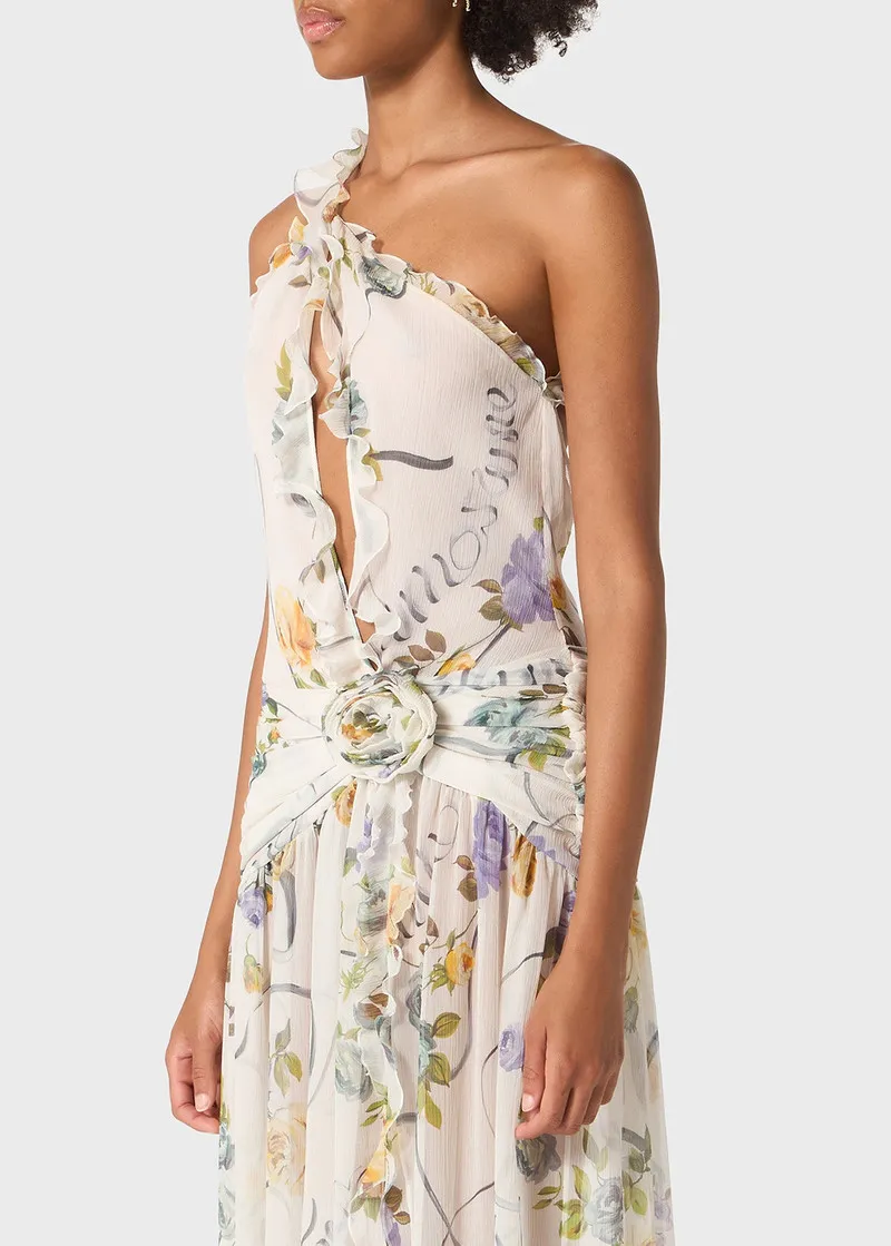 Astrid Printed Split Vacation-Style Maxi Dress In Beige
