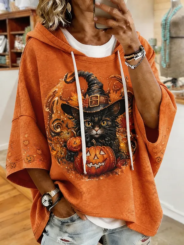 Women's Witch Hat Black Cat Pumpkin Fall Vintage Short Sleeve Hoodie
