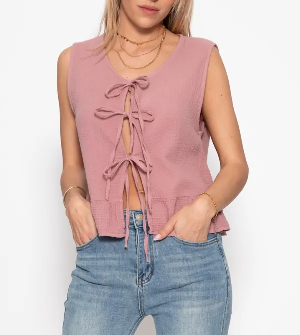 Pink Muslin Bow Closure Top