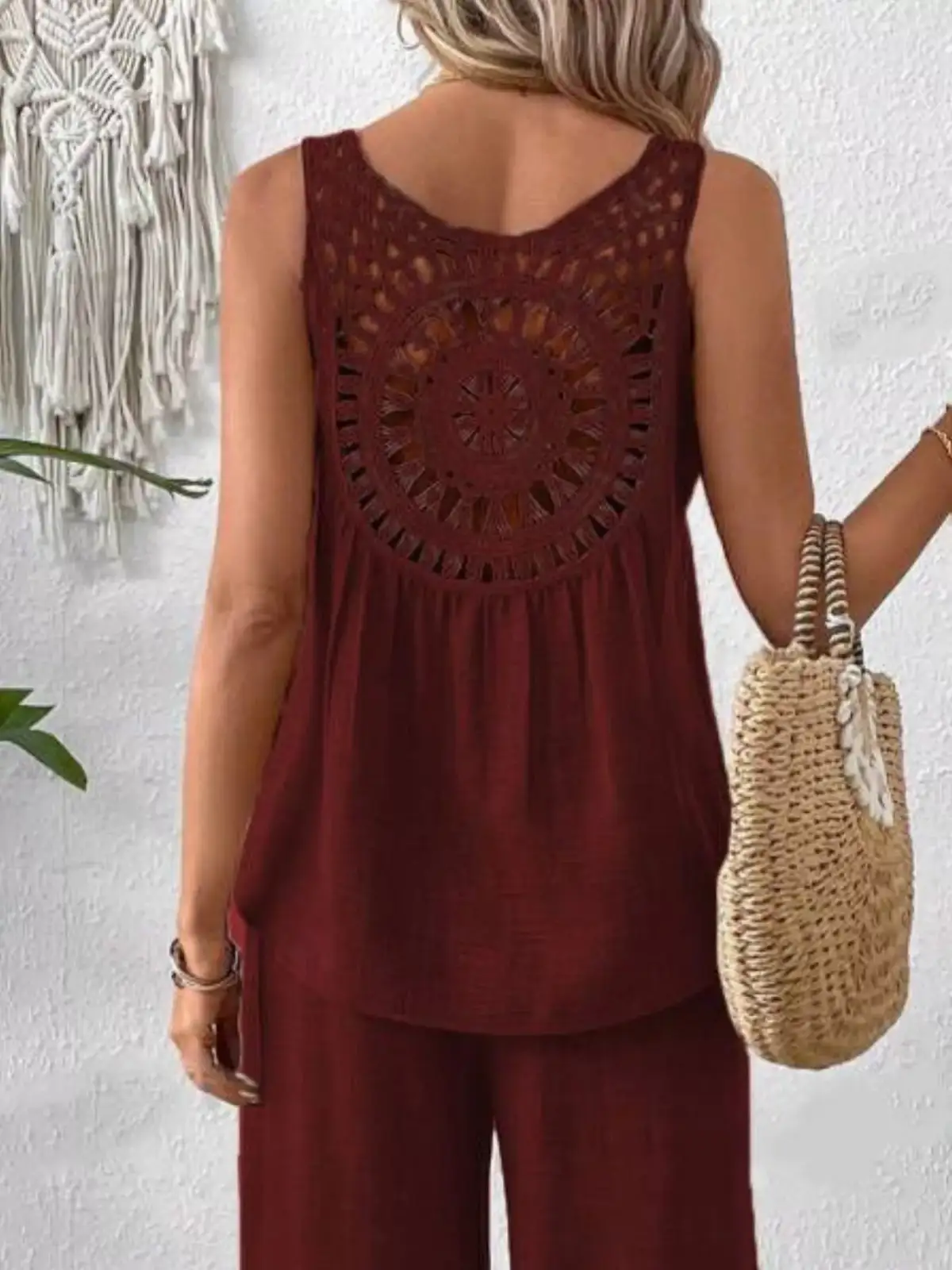 Round-Neck Cutout Pants Matching Set