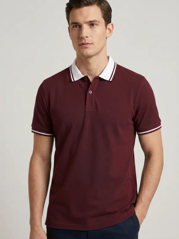Men's Knit Ribbed Textured Tipped-Collar Polo Shirt
