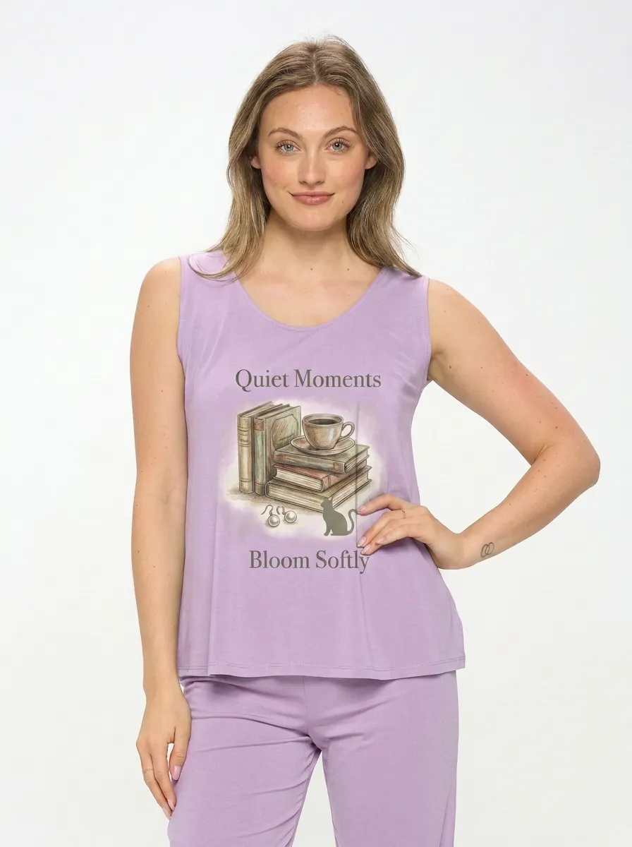 Women's Book Lover Coffee Cat Printed Tank Top