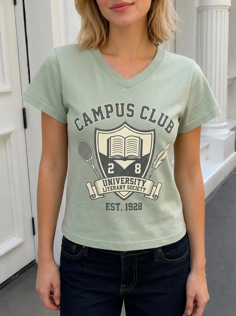 Women's Campus Club Literary Society Book Tennis Printed V-neck T-shirt