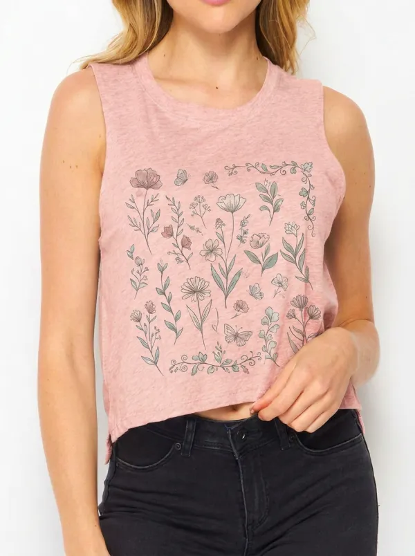 Women's Botanical Nature Lover Floral Butterfly Printed Tank Top