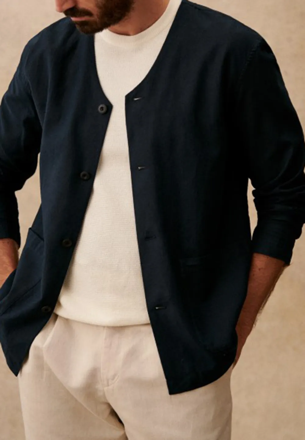 Cream Beige V-Neck Relaxed Fit Casual Jacket