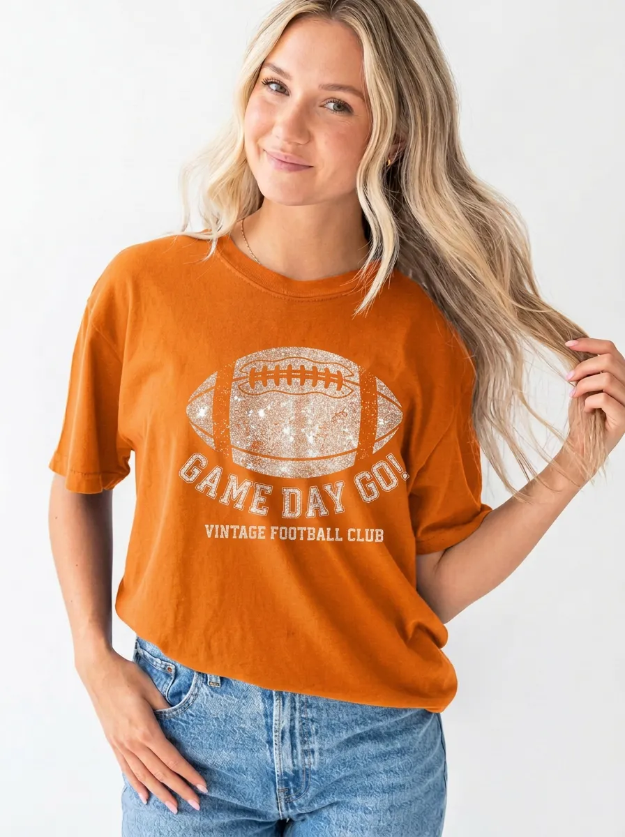 Women's Football Lover Game Day Glitter Printed T-shirt