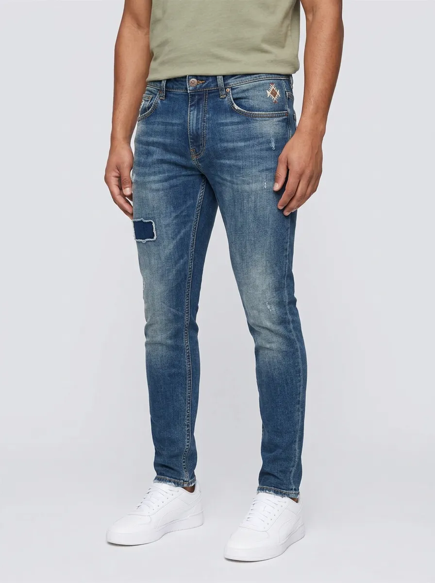 Men's Geometric Embroidered Patchwork Distressed Slim-Fit Jeans