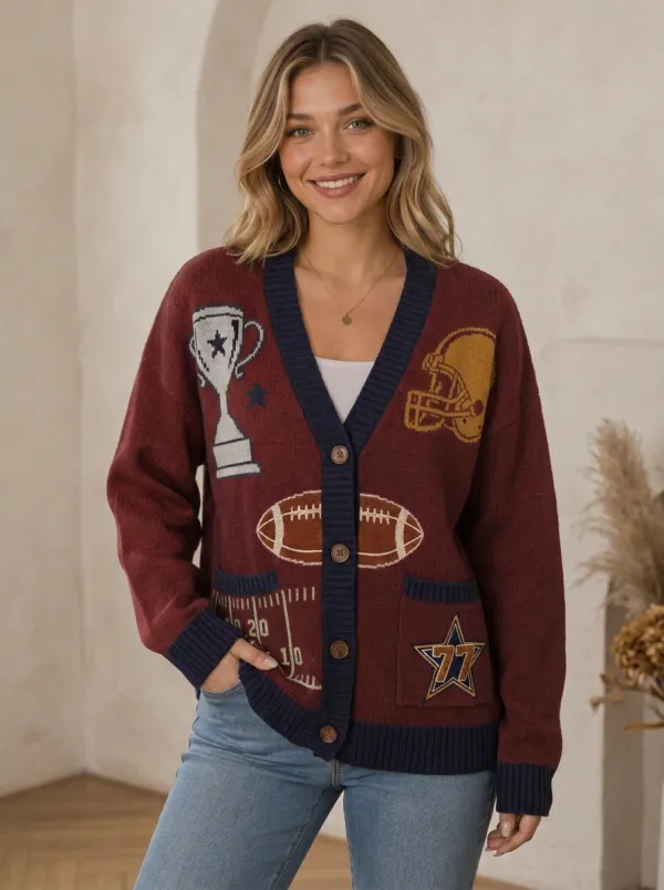 Women's Casual Gridiron Helmet Trophy Ball Knit Cardigan