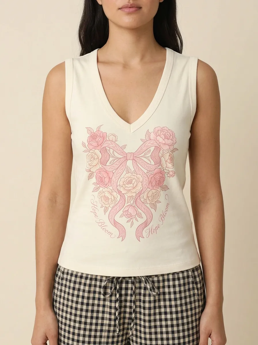 Women's Breast Cancer Awareness Hope Bloom Bow Floral Printed Tank Top
