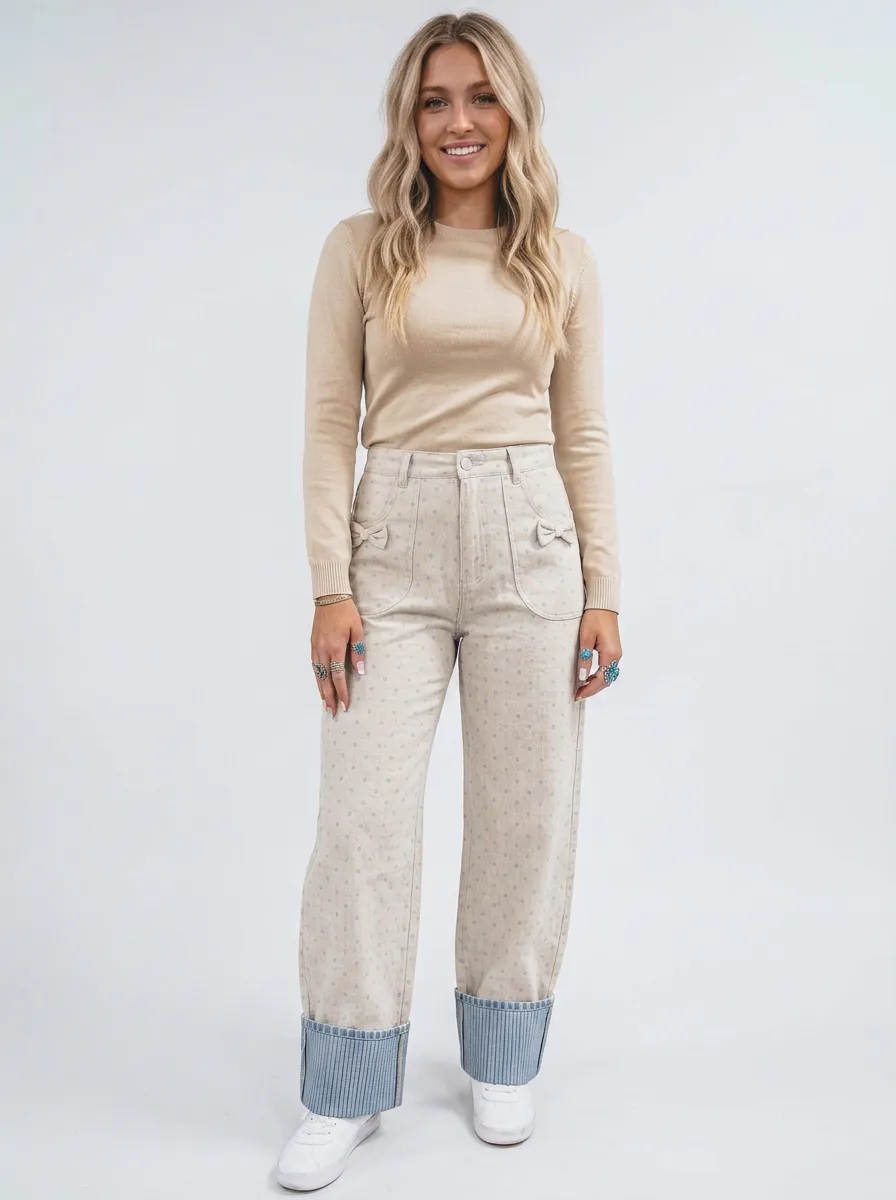 Women's Western Style Polka Dot Bow Printed Jeans