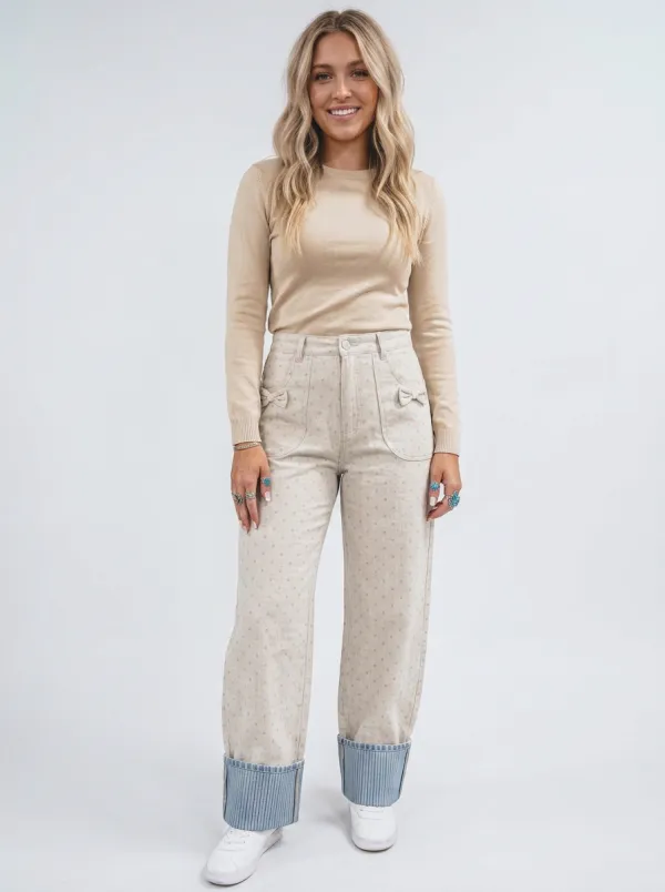 Women's Western Style Polka Dot Bow Printed Jeans