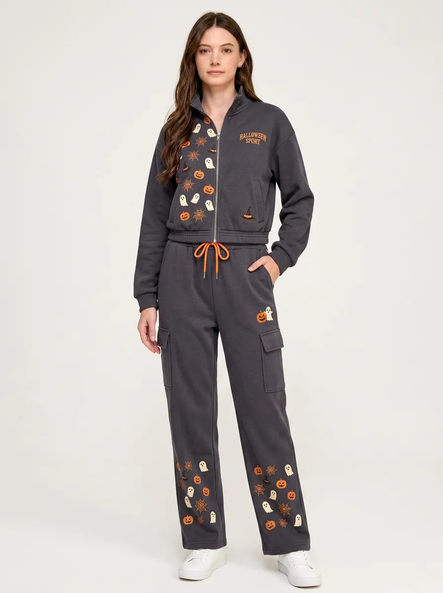 Women's Halloween Ghost Pumpkin Printed Zip-up Sportswear Set