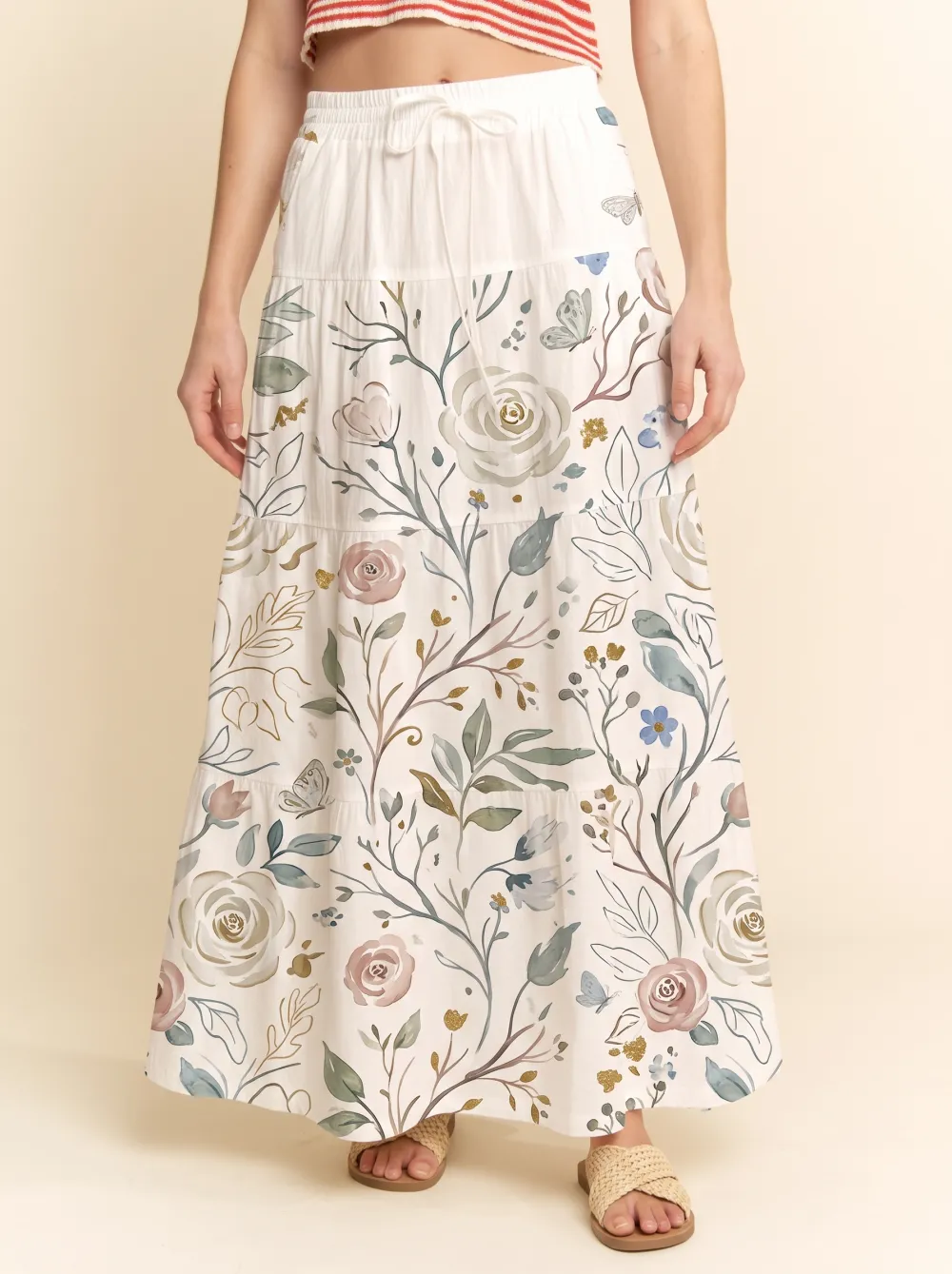 Women's Drawstring Botanical Floral Butterfly Printed Tiered Maxi Skirt