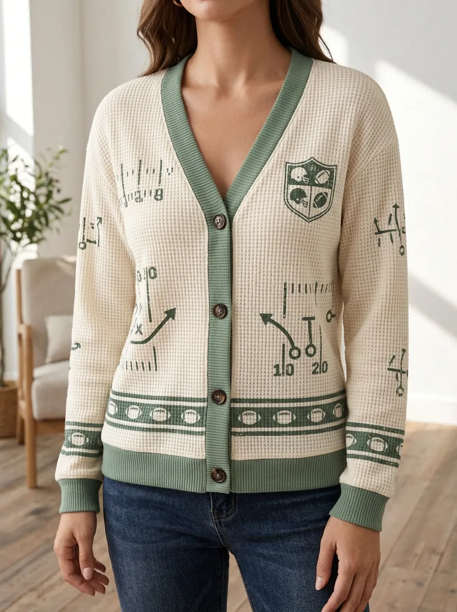 Women's Football Fan Playbook Crest Printed Waffle Knit Cardigan
