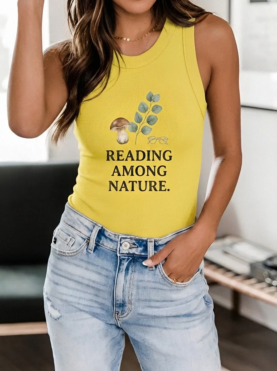 Women's Book Lover Mushroom Nature Reading Printed Tank Top