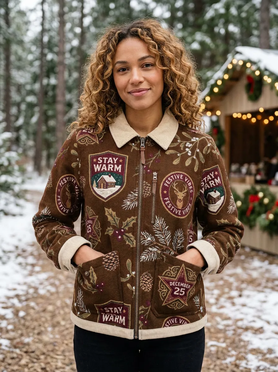 Christmas Holiday Deer Cabin Print Zip-up Jacket