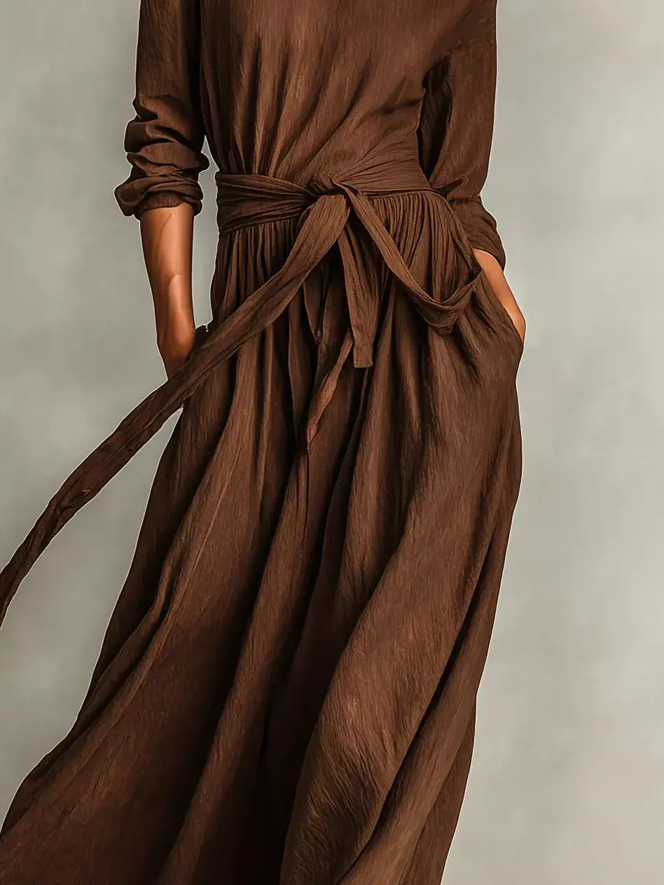 Full Size Long Sleeve Tie Waist Maxi Dress Plus Size