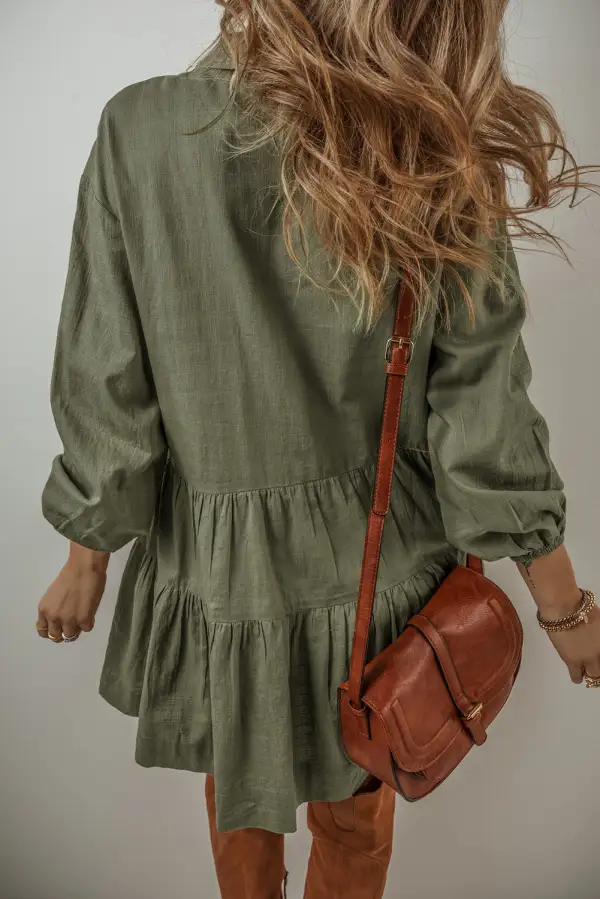Tiered Pleated Button Front Mini Dress