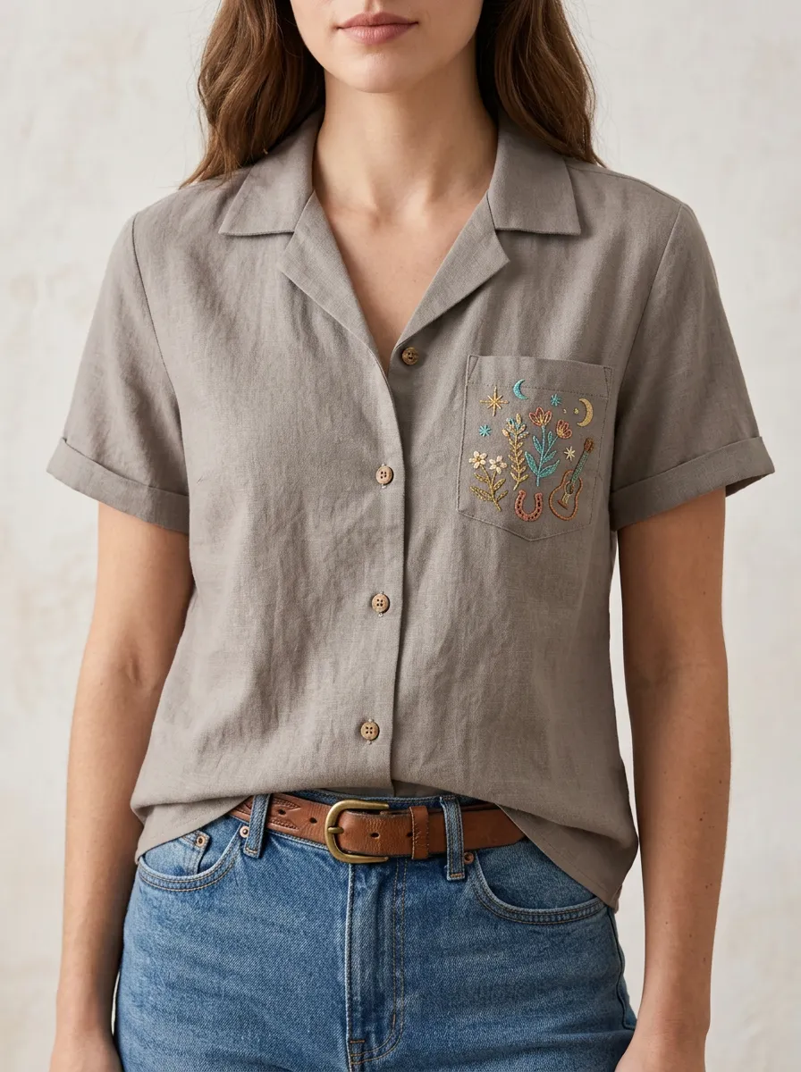 Women's Western B3 Guitar Horseshoe Floral Embroidered Short Sleeve Shirt
