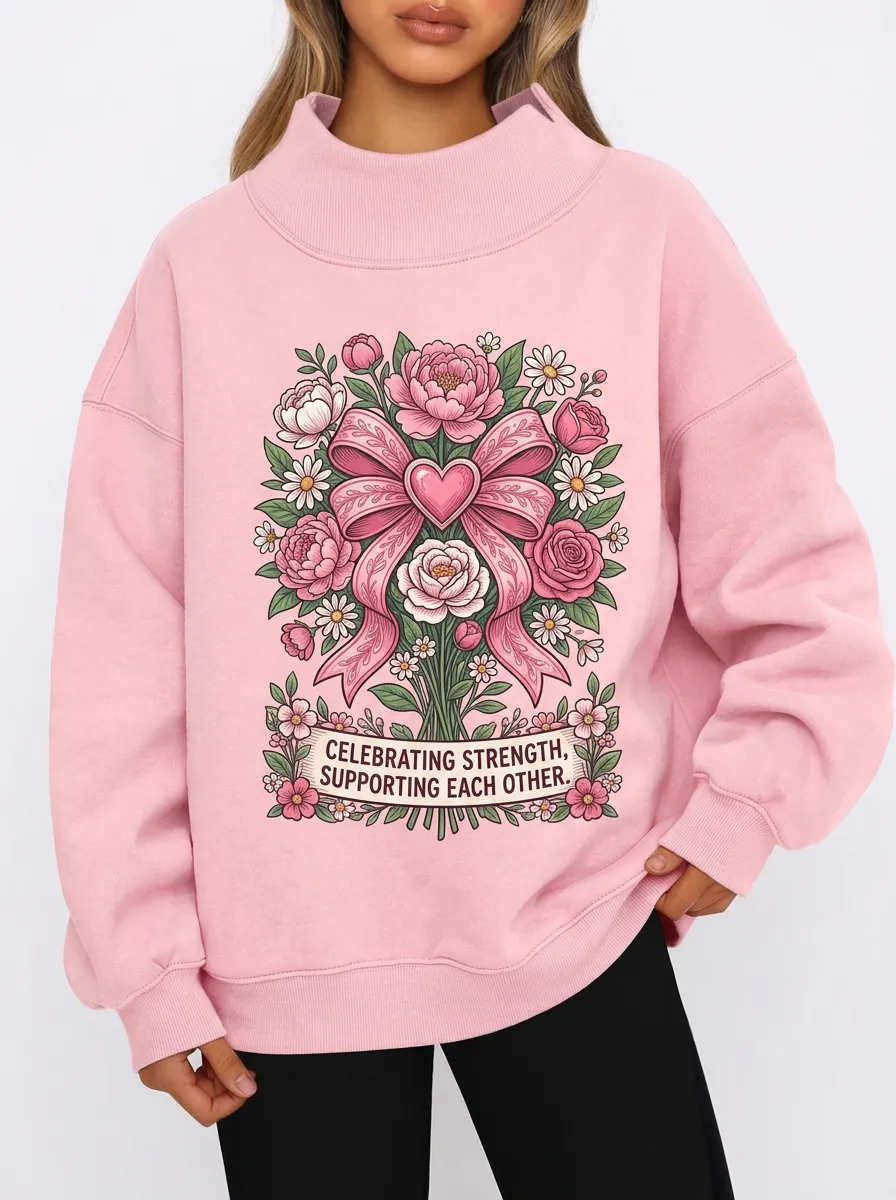 Women's Breast Cancer Awareness Floral Heart Ribbon Printed Sweatshirt